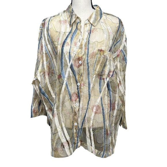 Vintage Graff Wear Linen Blend Sheer Floral Striped Button Down Blouse XL - Picture 1 of 14
